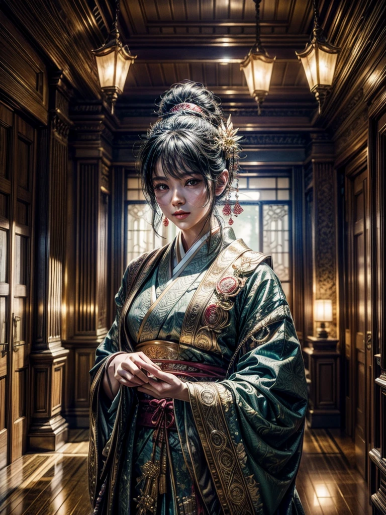overlooking a vast cinematic landscape, the pouring rain majestic Japanese mansion, with its traditional architecture and beautiful gardens. The mansion stands against a pure white backdrop, which enhances the vibrant colors of the scene. The picture is reminiscent of a cinematic illustration found in CGSociety, showcasing the mastery of digital art and concept art. The quality of the image is exceptional, with a resolution of HD, 4k, and even 8k or 16k, allowing for super detail and sharpness. The lighting in the scene is carefully crafted, with cinematic lighting techniques and ray tracing used to create a realistic and immersive atmosphere.