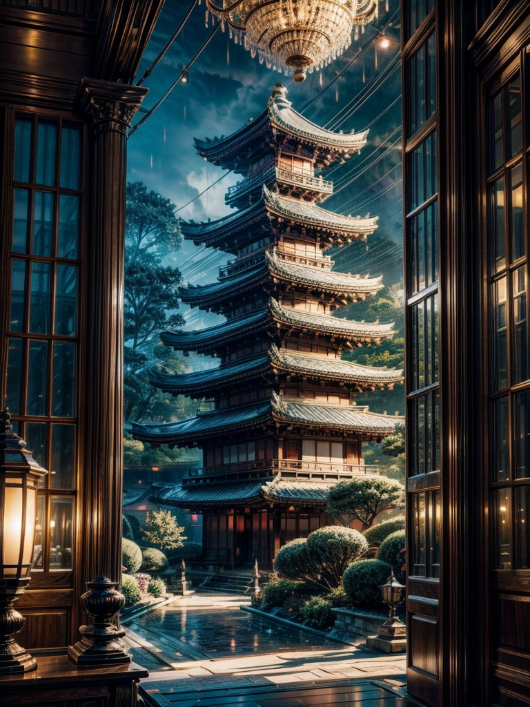 overlooking a vast cinematic landscape, the pouring rain majestic Japanese mansion, with its traditional architecture and beautiful gardens. The mansion stands against a pure white backdrop, which enhances the vibrant colors of the scene. The picture is reminiscent of a cinematic illustration found in CGSociety, showcasing the mastery of digital art and concept art. The quality of the image is exceptional, with a resolution of HD, 4k, and even 8k or 16k, allowing for super detail and sharpness. The lighting in the scene is carefully crafted, with cinematic lighting techniques and ray tracing used to create a realistic and immersive atmosphere.