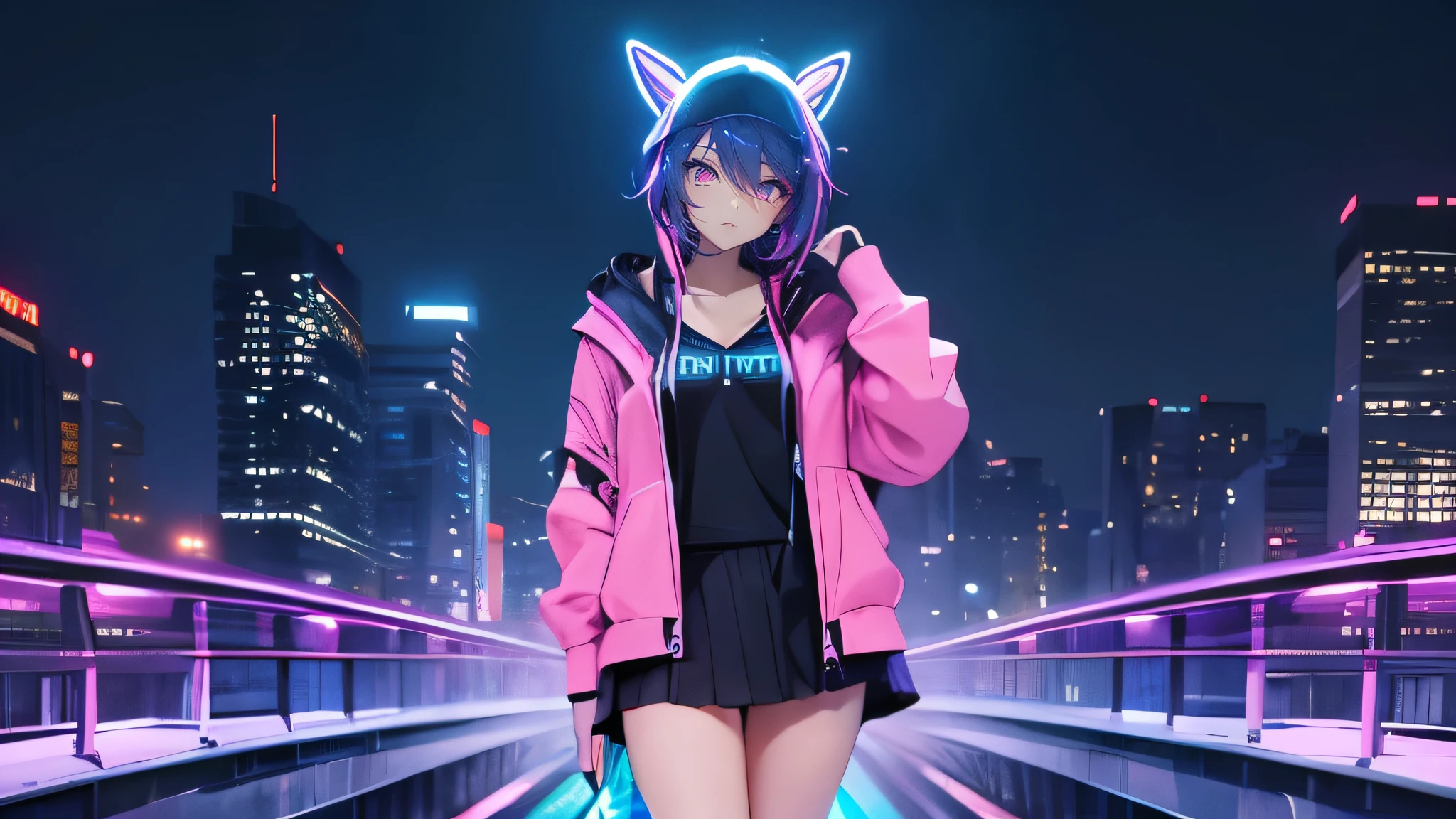 Anime style sexy woman, neon lights over water, wearing a sweatshirt, with a skirt, standing on a bridge, neon colors in the sky, the colors seemed to be painted