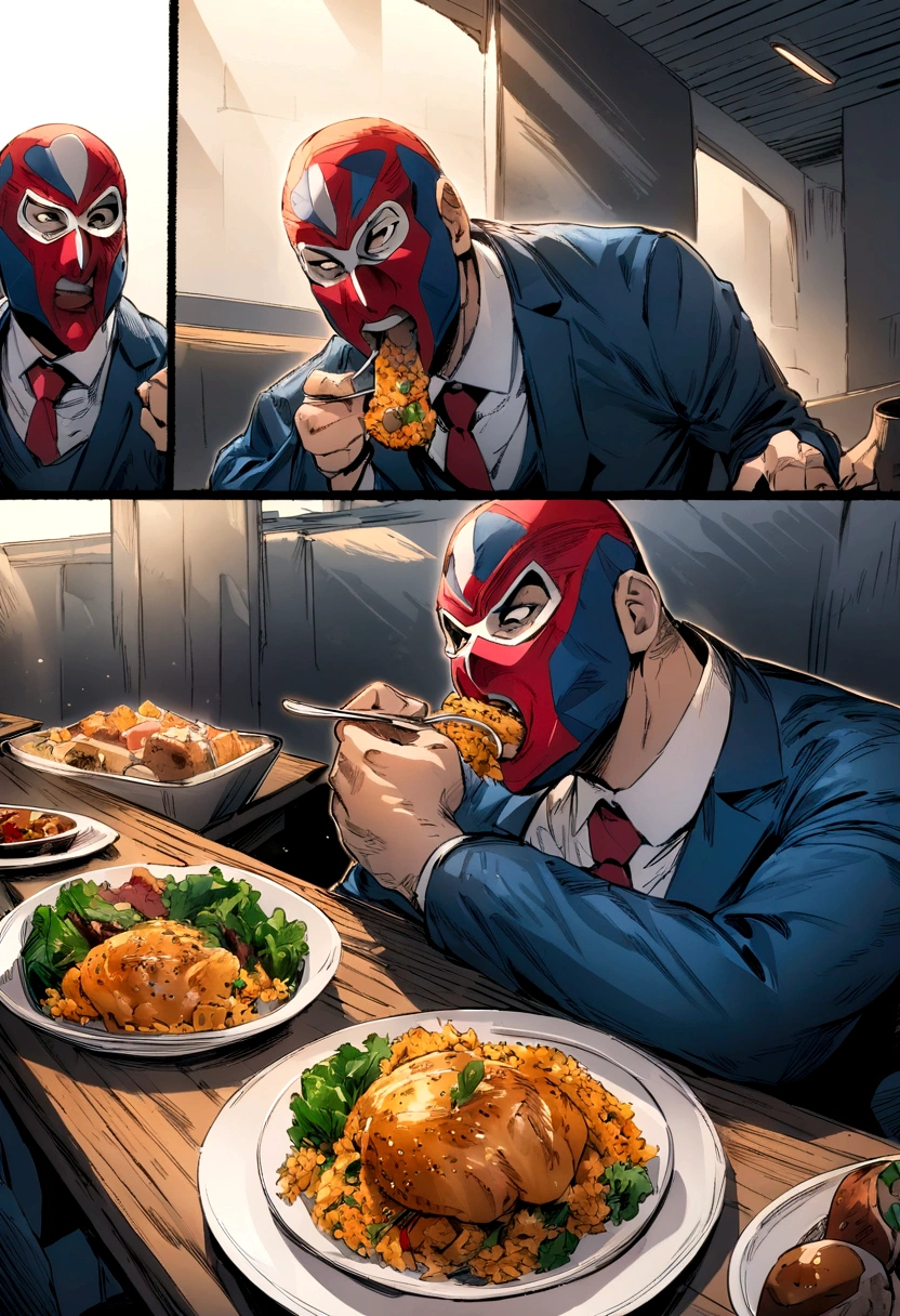 comic artwork of a man in a business suit, wearing a wrestling mask, eating dinner, crosshatching, 2D, Sharp, Detailed, HD, HDR, High Quality, High Resolution, Masterpiece