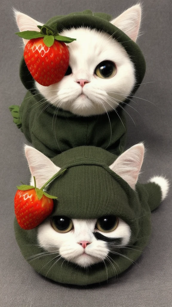 : 3. cat, realistic, hairy, clothed animal, apple, dark circles, blush, cherry, food, fruit, full body, hat, non-human, strawberry, tomato, watermelon