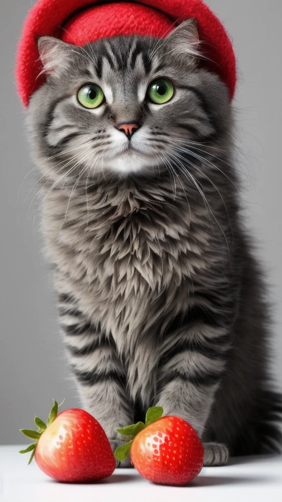 : 3. cat, realistic, hairy, clothed animal, apple, dark circles, blush, cherry, food, fruit, full body, hat, non-human, strawberry, tomato, watermelon