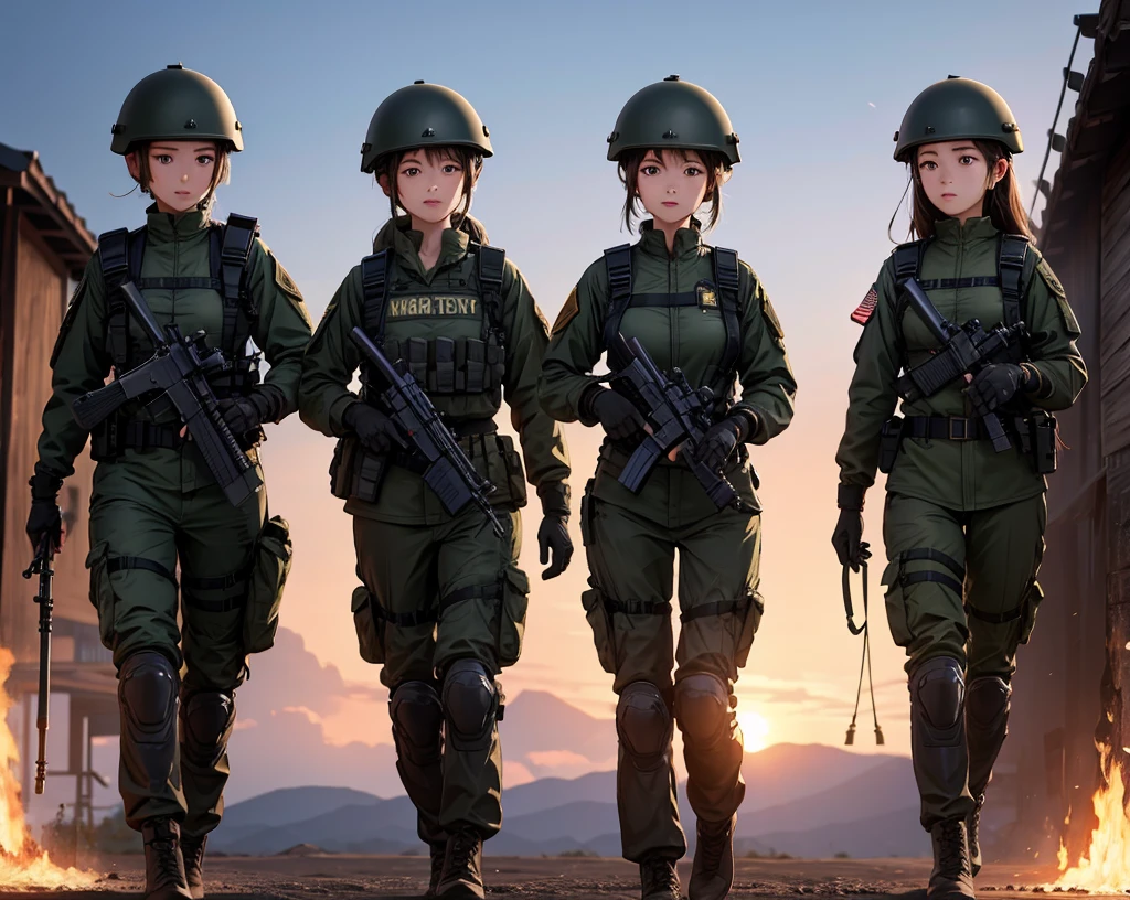 First-person perspective、Four female soldiers wearing helmets stand side by side、Black military uniform 、Military Pants、Military camp at night、Show only the upper thigh area、Write details、masterpiece、best quality、Highly detailed CG、8K picture quality