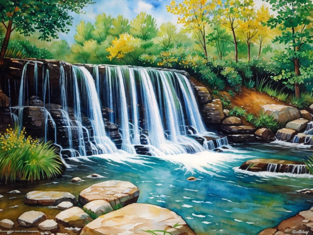 Vangogh style watercolor painting waterfall