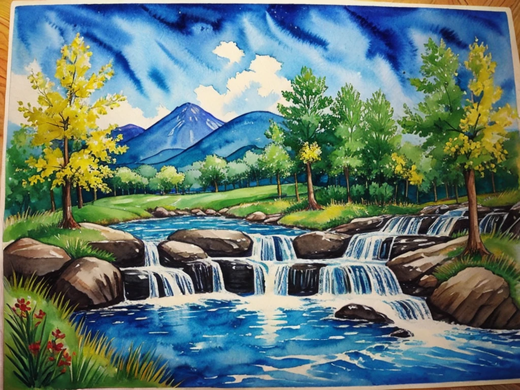 Vangogh style watercolor painting waterfall 