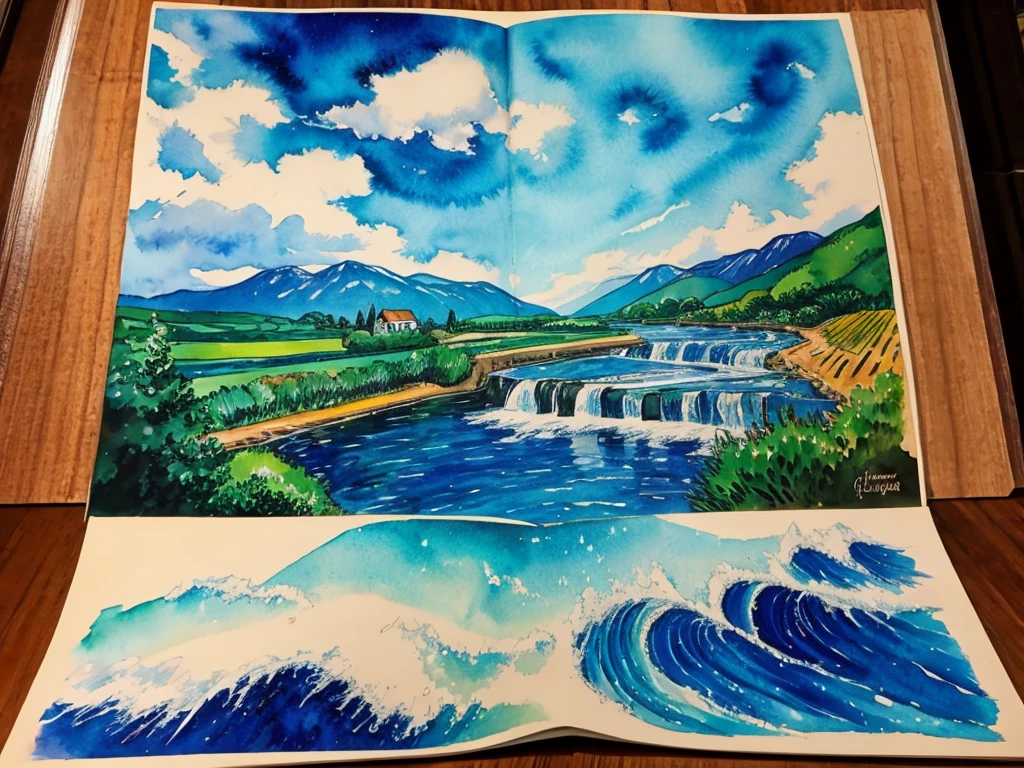 Vangogh style watercolor painting waterfall