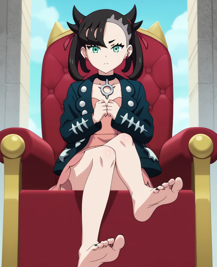 score_9,score_8_up,score_7_up,score_6_up,source anime BREAK, anime screencap, marnie_\(pokemon\), pokemon, 1girl, black_hair, green_eyes, sitting, on throne, barefoot, toes, soles, pov