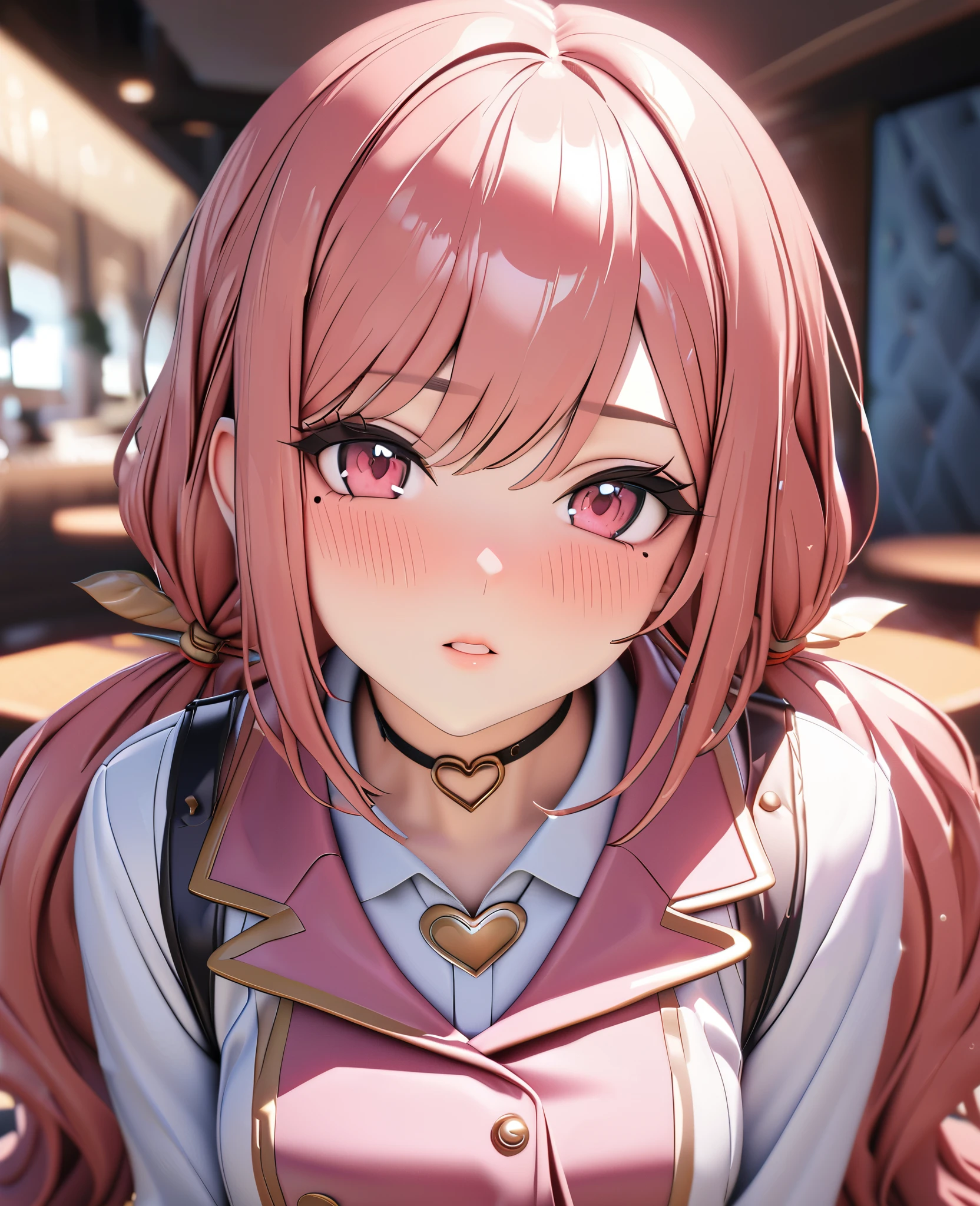 masterpiece, best quality, highly detailed, high resolution, expensive resolution, high resolution, 4K, 8k, uniform 8k wallpaper, highly detailed CG, masterpiece, 2D, 3D, beautiful details, depth, fine texture, best quality: 1.3, perfectly focused, crispy. skin, him, cute anime 20s girl, her name is Mei, idol, expensive brown short twin tails, mole under eye, looking at the viewer, cowboy shorts, expensive, blush, mole, plump lips, heart, pink eyes, heart shaped choker