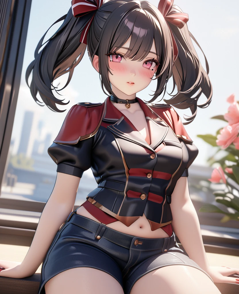masterpiece, best quality, highly detailed, high resolution, expensive resolution, high resolution, 4K, 8k, uniform 8k wallpaper, highly detailed CG, masterpiece, 2D, 3D, beautiful details, depth, fine texture, best quality: 1.3, perfectly focused, crispy. skin, him, cute anime 20s girl, her name is Mei, idol, expensive brown short twin tails, mole under eye, looking at the viewer, cowboy shorts, expensive, blush, mole, plump lips, heart, pink eyes, heart shaped choker