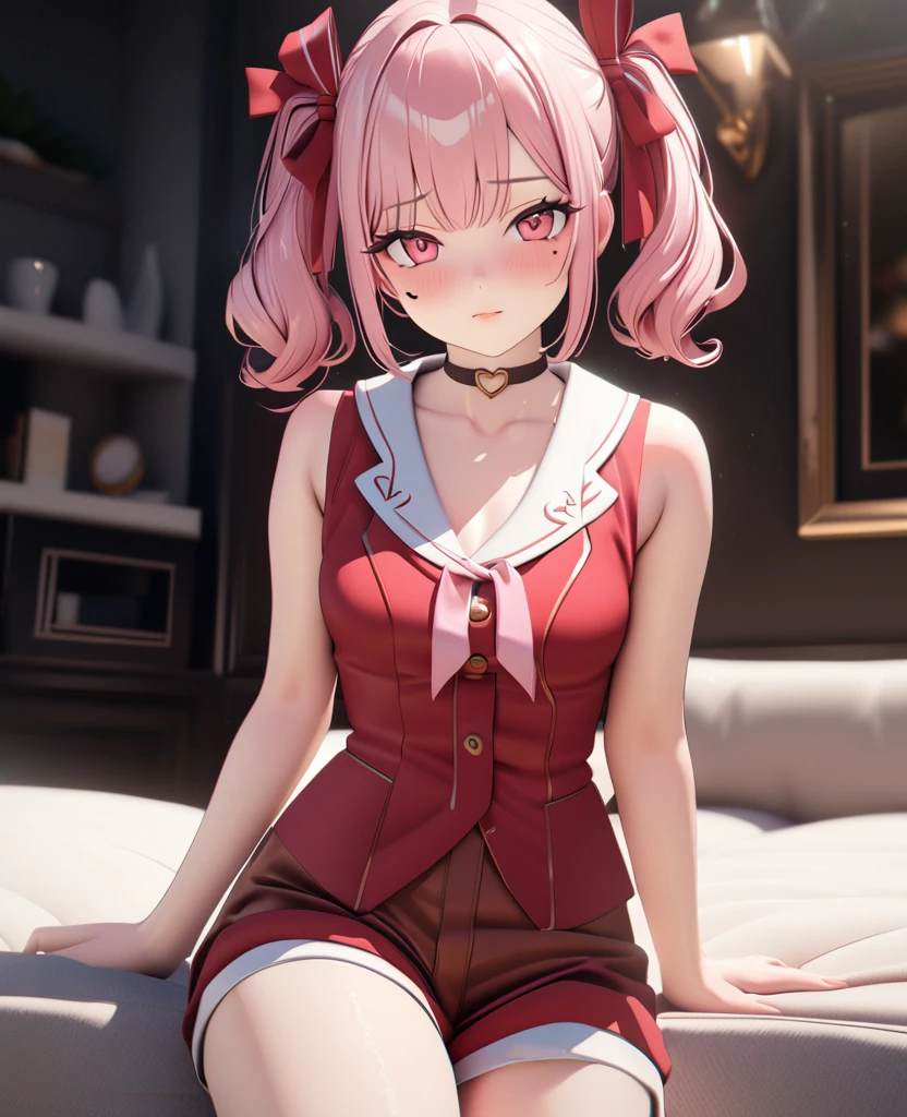 masterpiece, best quality, highly detailed, high resolution, expensive resolution, high resolution, 4K, 8k, uniform 8k wallpaper, highly detailed CG, masterpiece, 2D, 3D, beautiful details, depth, fine texture, best quality: 1.3, perfectly focused, crispy. skin, him, cute anime 20s girl, her name is Mei, idol, expensive brown short twin tails, mole under eye, looking at the viewer, cowboy shorts, expensive, blush, mole, plump lips, heart, pink eyes, heart shaped choker