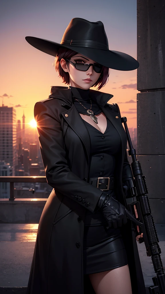 A city with a beautiful sunset with a woman with short hair and dark glasses and a black coat and black hat and a skull mask and an eye patch and an improved sniper rifle and aiming 
