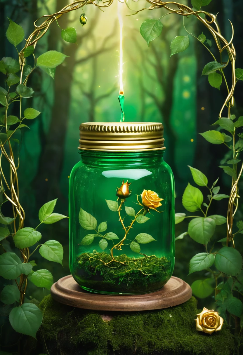 An image with forest green color as background. With some golden vines that serves as borders. In the middle, there is a shining small jar with a thorn rose sprouting from its mouth. Overall, this image has mystical vibes.