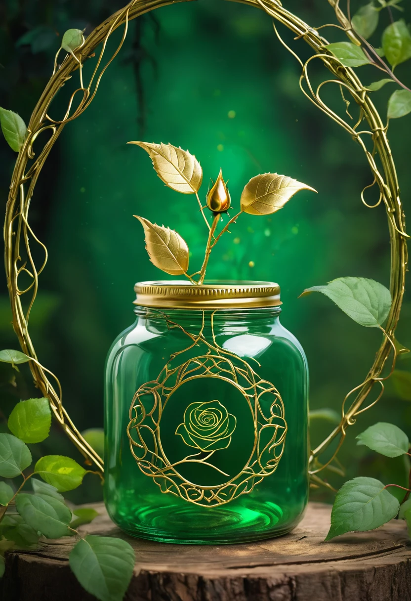 An image with forest green color as background. With some golden vines that serves as borders. In the middle, there is a shining small jar with a thorn rose sprouting from its mouth. Overall, this image has mystical vibes.