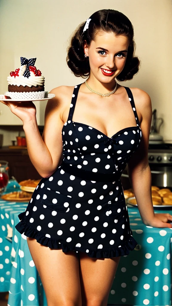 blows out the candles on the cake 35mm photography, Joyful pinup girl in polka dot apron polka dot pin up dress sexy 