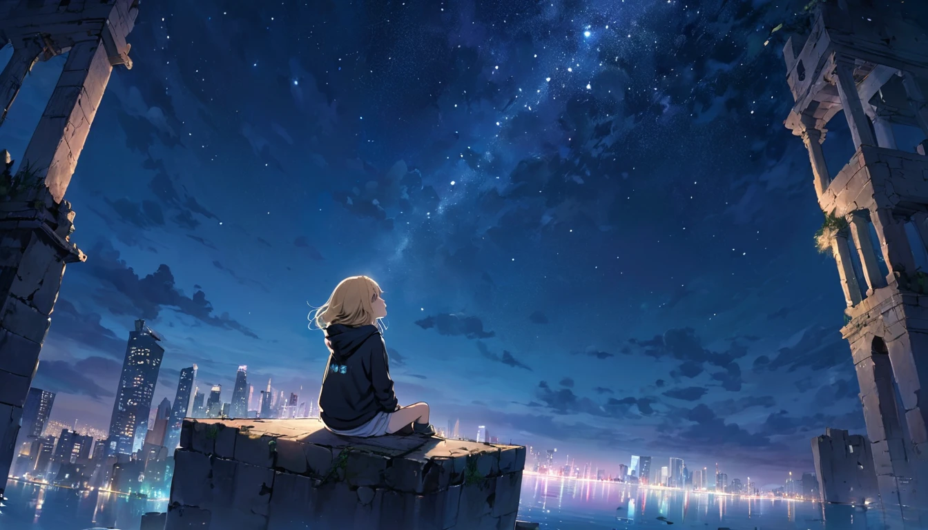 Under the stars、Submerged City、ruins、A girl sitting high up and looking up at the sky,Wear a loose-fitting hoodie、profile