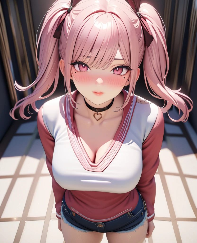 masterpiece, best quality, highly detailed, high resolution, expensive resolution, high resolution, 4K, 8k, uniform 8k wallpaper, highly detailed CG, masterpiece, 2D, 3D, beautiful details, depth, fine texture, best quality: 1.3, perfectly focused, crispy. skin, him, cute anime 20s girl, her name is Mei, idol, expensive brown short twin tails, mole under eye, looking at the viewer, cowboy shorts, expensive, blush, mole, plump lips, heart, pink eyes, heart shaped choker