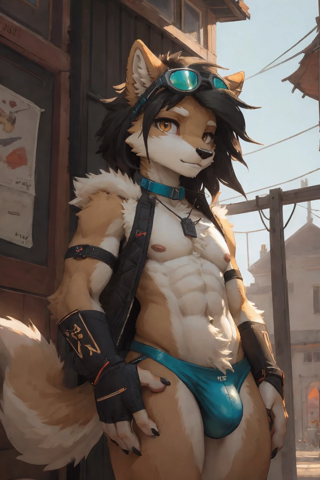 (Maximum fineness,Dynamic HDR,8K) ,shota,outdoor,Happy,cute,teenager,Growlithe Pokemon,(lower camera angle, dramatic pose, looking down at viewer), (masterpiece,high quality), solo,furry,mature male,male focus, (by waspsalad:1.1), by photonoko, by sallyhot, by skygracer:0.4, solo, (anthro,mature male boy shiba inu,(chibi:0.3), ((beige fur)), amber eyes), tropical island, cuberpunk mythology, (blue collar with pup tag), (blue goggles on head), (wearing red speedo, crotch bulge), male pubic hair