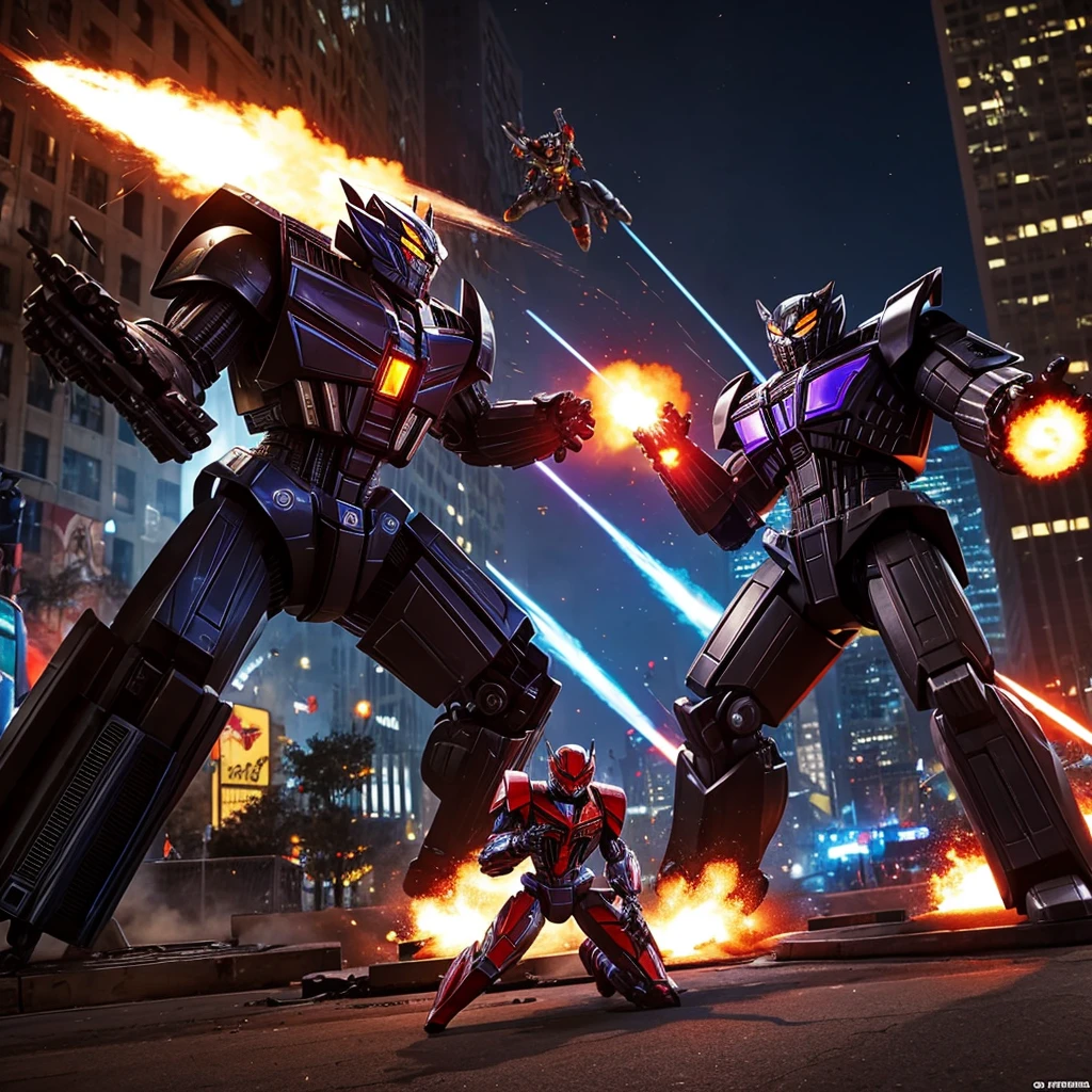 A transformer based on a spider (Decepticon) fights a transformer themed around a Cheetah (Autobot), robot battle in New York, explosions, high action