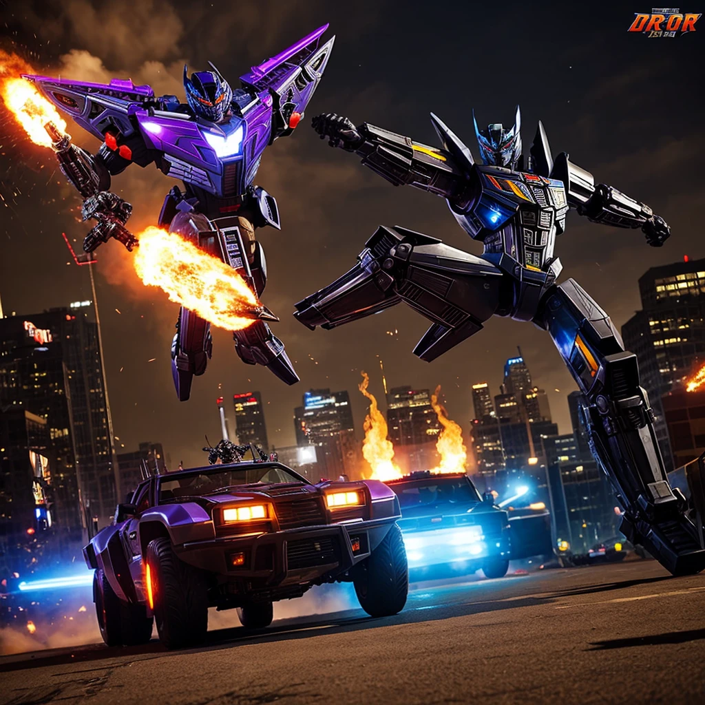 A transformer based on a spider (Decepticon) fights a transformer themed around a Cheetah (Autobot), robot battle in New York, explosions, high action