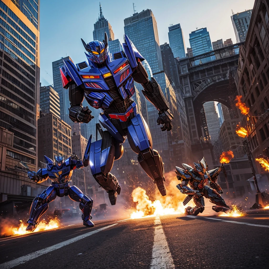 A transformer based on a spider (Decepticon) fights a transformer themed around a Cheetah (Autobot), robot battle in New York, explosions, high action