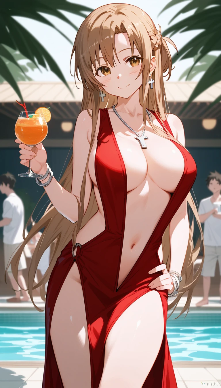 score_9,score_8_up,score_7_up,18 year old,1girl,asuna \(sao-alo\), sword art online,yuuki asuna,solo,nsfw,brown eyes, brown hair, long hair, bangs, braid,standing,leg up,hand on hip, holding cup,seductive-smile,blush,large breasts,brown hair,parted hair,long hair,red dress
,plunging neckline,long necklace,center opening,cleavage,navel,earrings,bracelet,pool ,people,multiple boys,