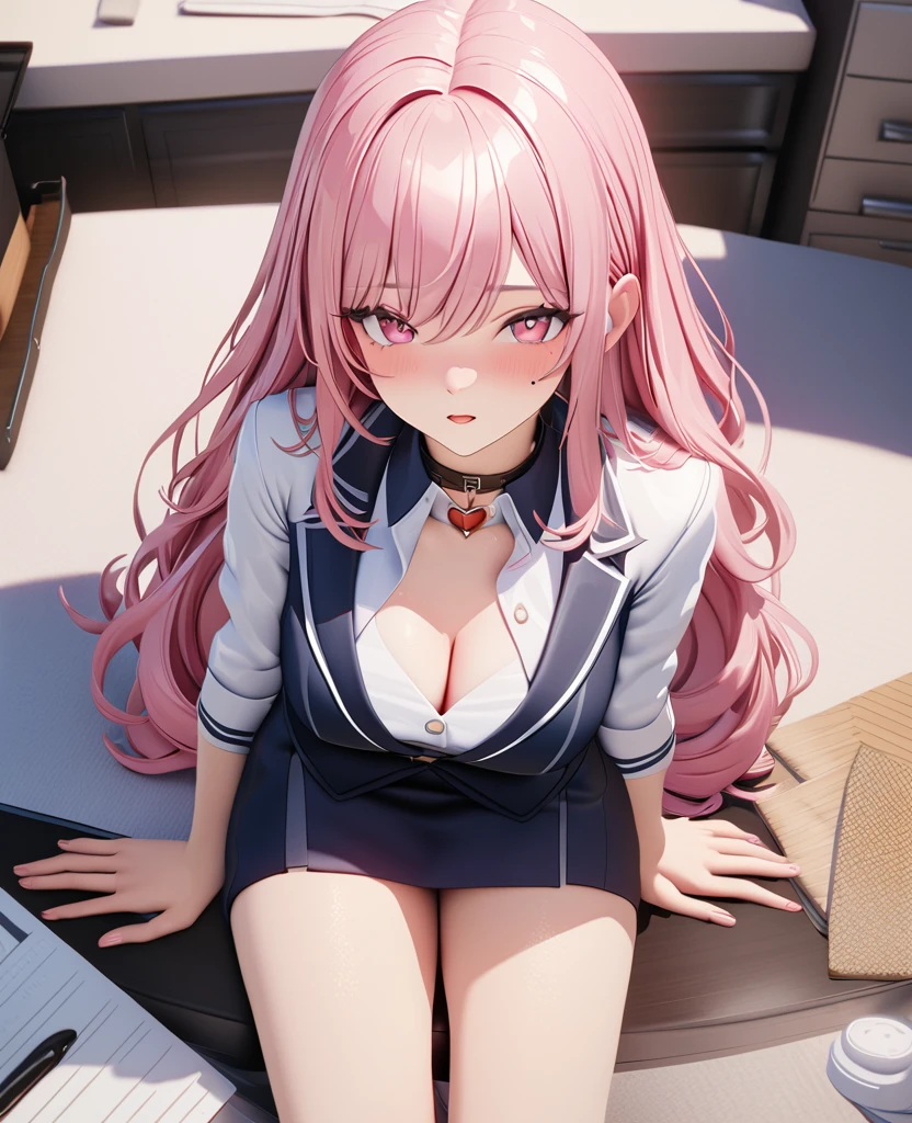 masterpiece, best quality, highly detailed, high resolution, expensive resolution, high resolution, 4k, 8k, Unity 8k wallpaper, highly detailed CG, masterpiece, 2d, 3d, beautiful details, depth, fine texture, best quality: 1.3, perfect focus, crispy skin, him, very cute anime 20s girl, sexy uniform in secretary department, big breasts, expensive pink medium long hair, above the knees, secretary's office, mole under eye, looking at the viewer, expensive, mole, open lips,, heart, pink eyes, heart choker