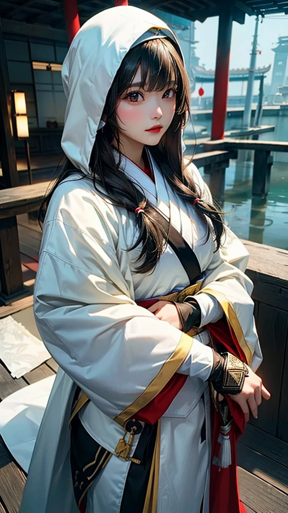 female japanese assassin, wearing assassin cloth of white and yellow, white cloak cover her head, UHD, semi realistic, 8K