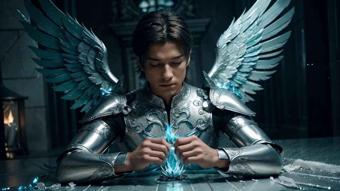 Close-up Beautiful male angel; dressed in silver metallic armor, has beautiful white wings; The angel manipulates a blue-green flame like a stove flame, the angel looks intensely at the flame; the scene is cold and dark, the atmosphere is damp and gloomy; Cinematic image; photo realistic