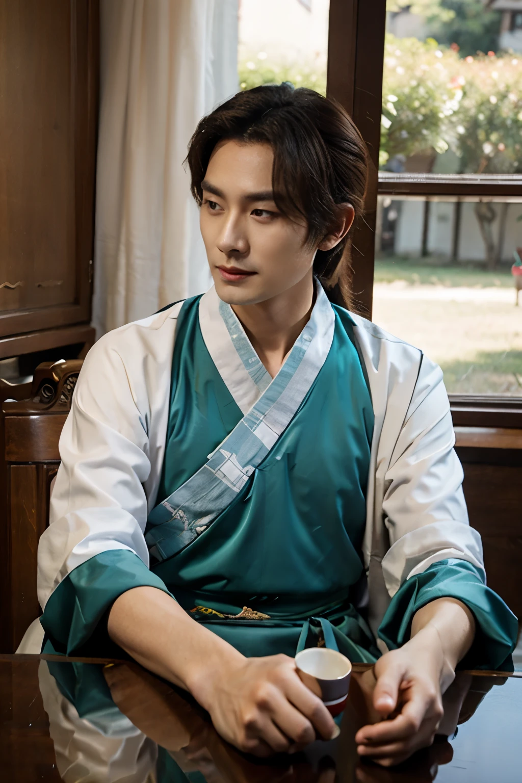 1man, 40 years old, elegant hanfu, middle aged male, sitting at the table, mysterious