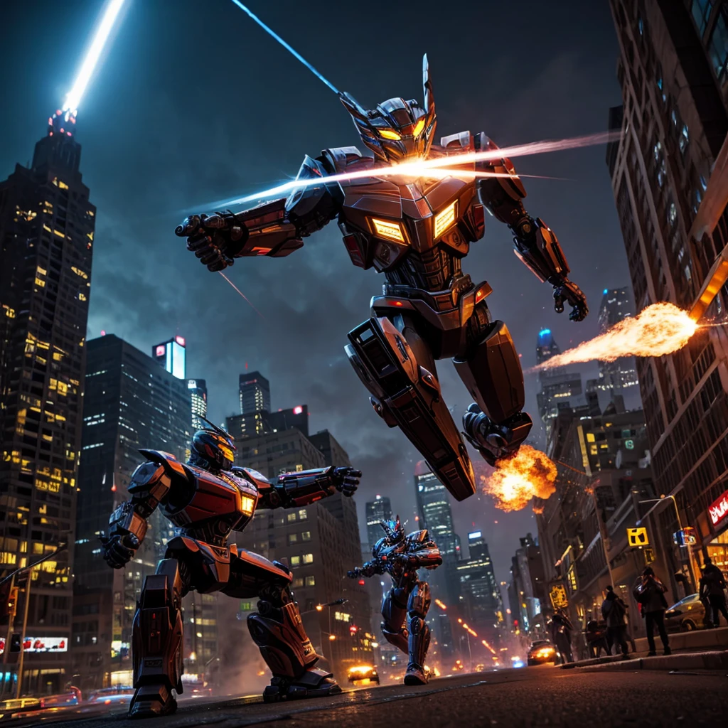 a highly detailed transformer robot based on a spider (decepticon), a transformer robot based on a cheetah (autobot), epic robot battle in new york city, explosions, high action, cinematic lighting, dramatic poses, detailed mechanical parts, glowing energy effects, photorealistic,8k, ultra-detailed