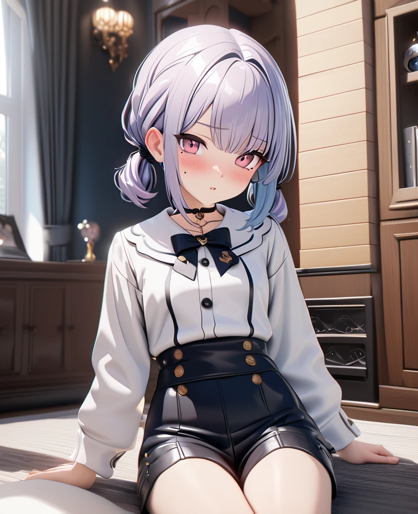 masterpiece, best quality, highly detailed, high resolution, expensive resolution, high resolution, 4K, 8k, uniform 8k wallpaper, highly detailed CG, masterpiece, 2D, 3D, beautiful details, depth, fine texture, best quality: 1.3, perfectly focused, crispy. skin, him, cute anime 20s girl, her name is Mei, idol, expensive brown short twin tails, mole under eye, looking at the viewer, cowboy shorts, expensive, blush, mole, plump lips, heart, pink eyes, heart shaped choker