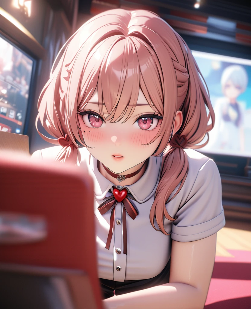 masterpiece, best quality, highly detailed, high resolution, expensive resolution, high resolution, 4K, 8k, uniform 8k wallpaper, highly detailed CG, masterpiece, 2D, 3D, beautiful details, depth, fine texture, best quality: 1.3, perfectly focused, crispy. skin, him, cute anime 20s girl, her name is Mei, idol, expensive brown short twin tails, mole under eye, looking at the viewer, cowboy shorts, expensive, blush, mole, plump lips, heart, pink eyes, heart shaped choker