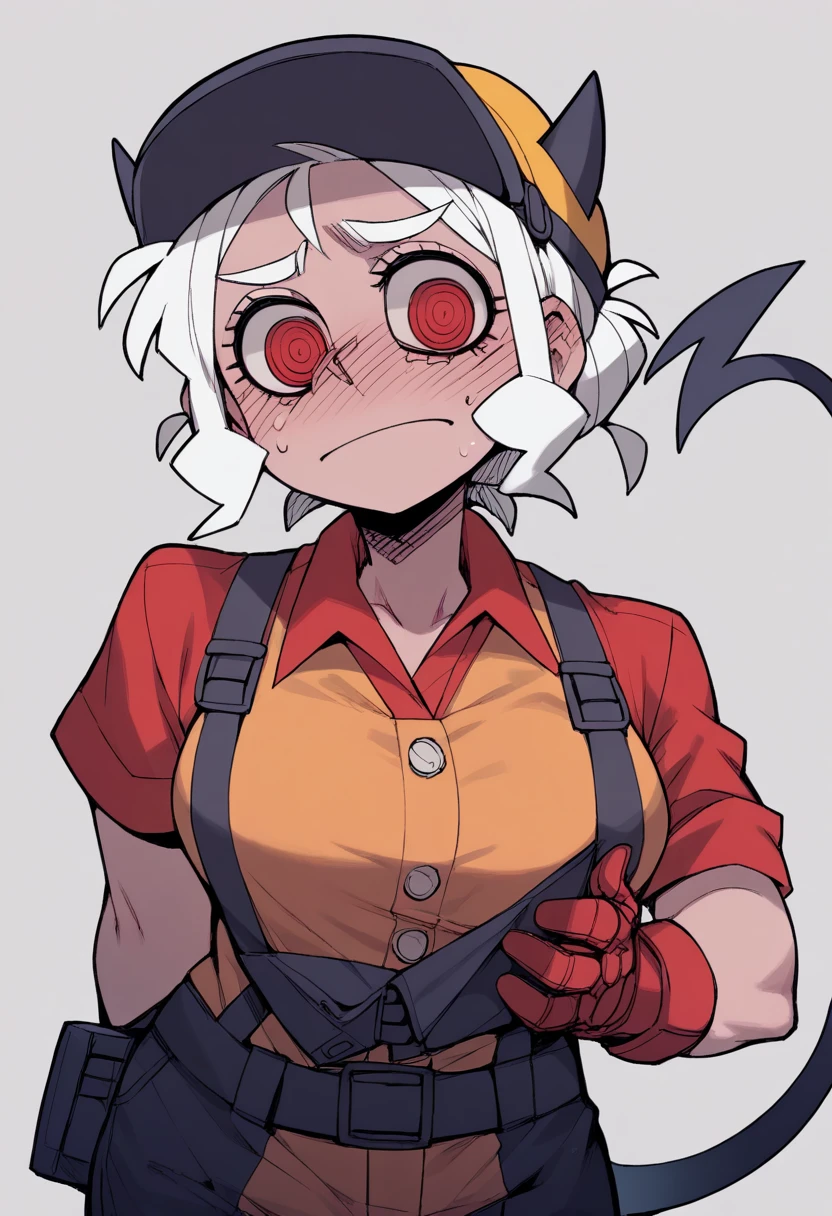 A female construction worker, as a Helltaker demon with short white hair, wearing an Adrian helmet