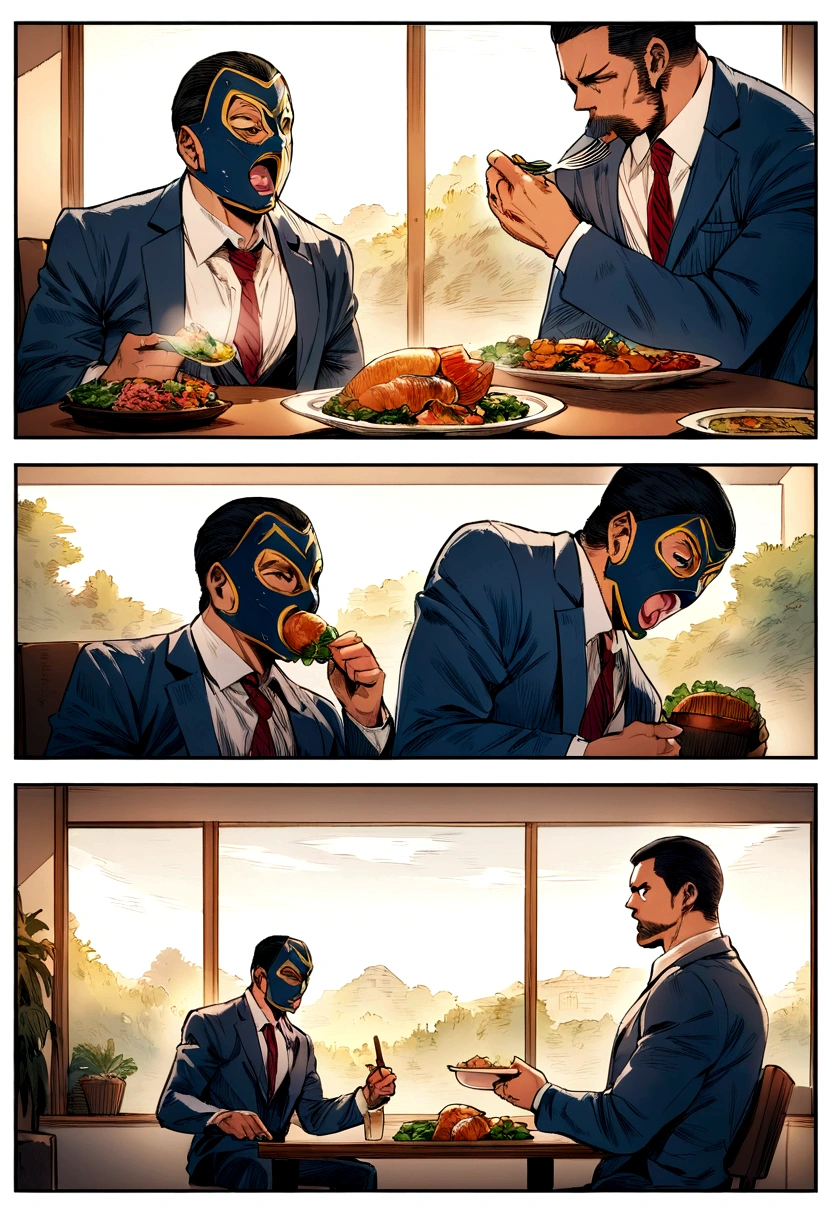 comic artwork of a man in a business suit, wearing a wrestling mask, eating dinner, crosshatching, 2D, Sharp, Detailed, HD, HDR, High Quality, High Resolution, Masterpiece, single panel