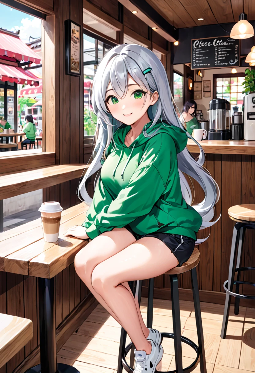 Pretty asian woman, bright silver hair, long hair, green eyes, busty, black shorts and a green hoodie, cute, sitting on a wooden barstool ,coffee shop environment, pretty smile, anime style, full body photo