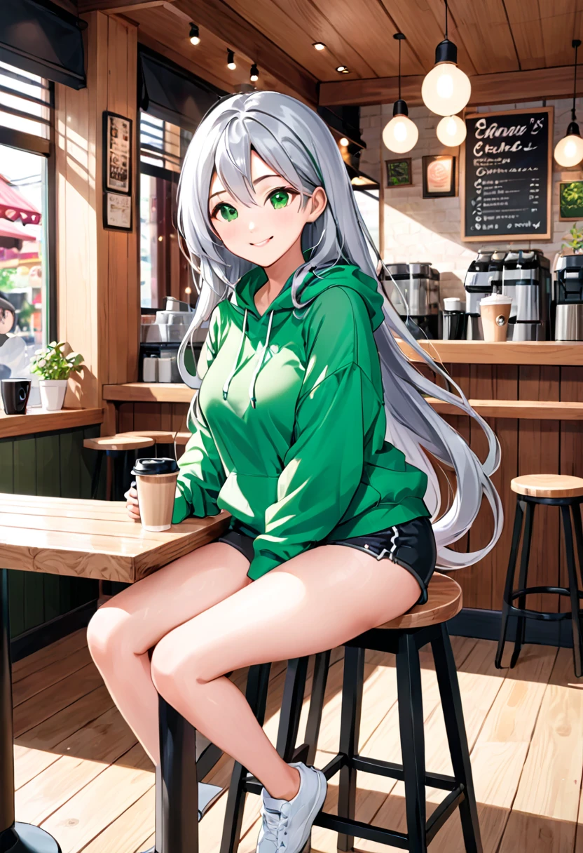 Pretty asian woman, bright silver hair, long hair, green eyes, busty, black shorts and a green hoodie, cute, sitting on a wooden barstool ,coffee shop environment, pretty smile, anime style, full body photo