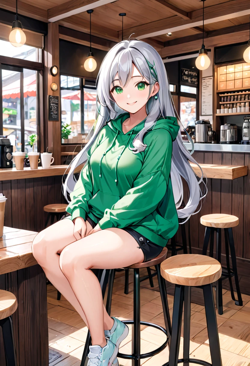 Pretty asian woman, bright silver hair, long hair, green eyes, busty, black shorts and a green hoodie, cute, sitting on a wooden barstool ,coffee shop environment, pretty smile, anime style, full body photo