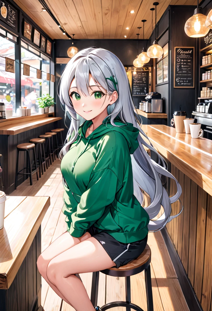 Pretty asian woman, bright silver hair, long hair, green eyes, busty, black shorts and a green hoodie, cute, sitting on a wooden barstool ,coffee shop environment, pretty smile, anime style, full body photo