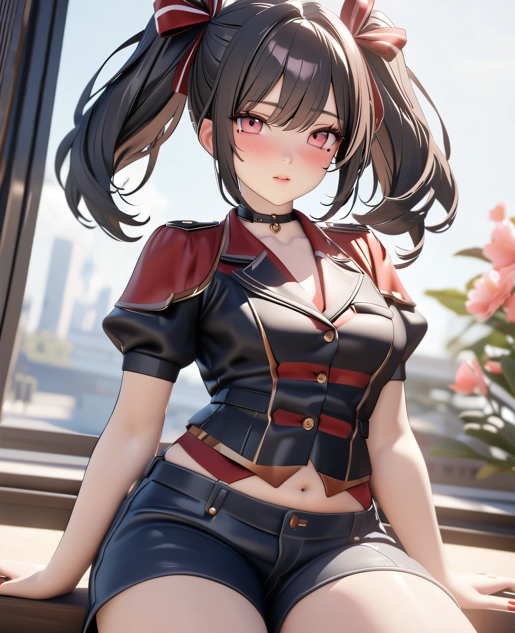 masterpiece, best quality, highly detailed, high resolution, expensive resolution, high resolution, 4K, 8k, uniform 8k wallpaper, highly detailed CG, masterpiece, 2D, 3D, beautiful details, depth, fine texture, best quality: 1.3, perfectly focused, crispy. skin, him, cute anime 20s girl, her name is Mei, idol, expensive brown short twin tails, mole under eye, looking at the viewer, cowboy shorts, expensive, blush, mole, plump lips, heart, pink eyes, heart shaped choker
