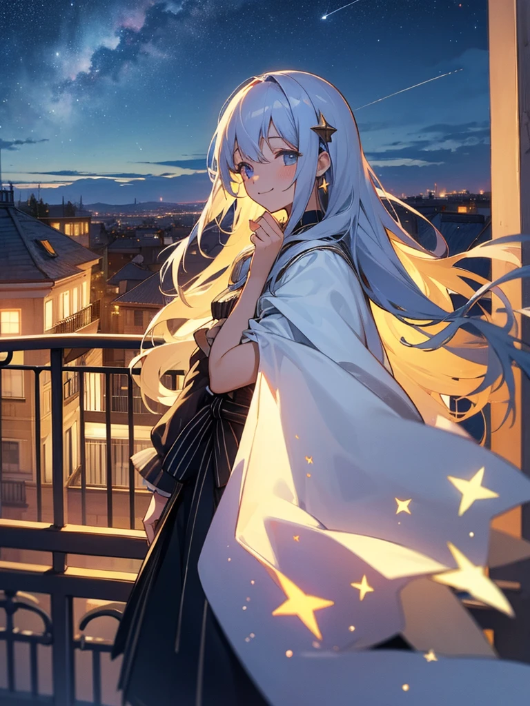 Starry sky, balcony, older sister, smile, apartment, long hair