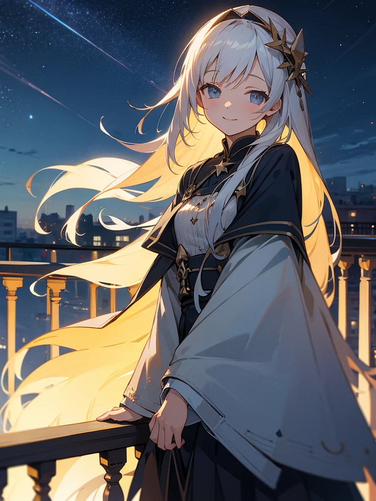 Starry sky, balcony, older sister, smile, apartment, long hair