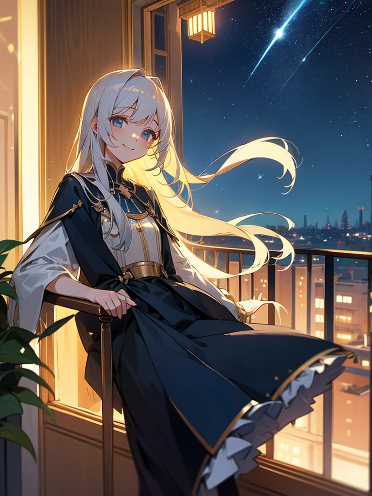 Starry sky, balcony, older sister, smile, apartment, long hair
