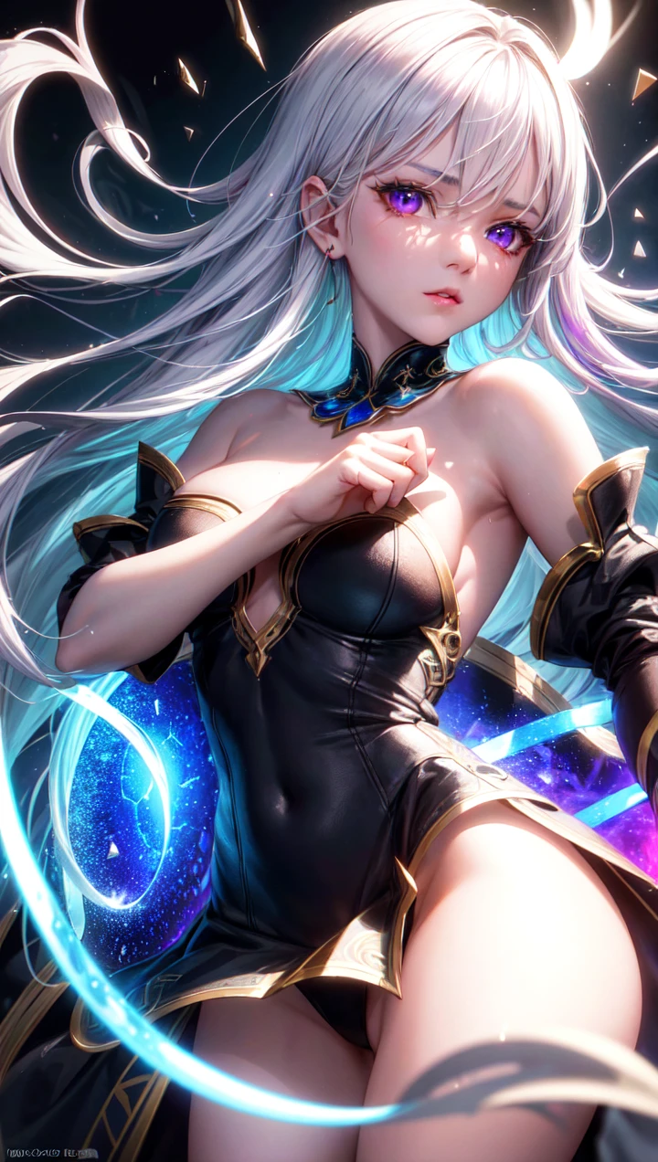 (masterpiece, best quality, ultra-detailed, best shadow), (detailed background,dark fantasy), (beautiful detailed face), high contrast, (best illumination, an extremely delicate and beautiful), ((cinematic light)), colorful, hyper detail, dramatic light, intricate details, (1girl, solo,white hair, sharp face,purple eyes, hair between eyes,dynamic angle), blood splatter, swirling black light around the character, depth of field,black light particles,(broken glass),magic circle,