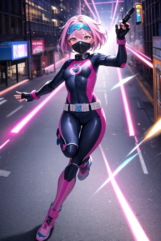 ((best quality)), ((masterpiece)), (detailed), 1 girl, full body, 20s, young adult, masked, black mask covering her entire head, smooth head, furious expression, biker helmet, biker helmet with blue headphones on the sides, flashlight on her forehead, short pink hair sprouting from her helmet, face, black collar, tall, slim, athletic, circles on her wrists, pink detailing, black fingerless gloves, pink wrist guards, nanotech speedster suit resembling light armor, blue chest with an emblem, blue chest, black suit with pink lines, pink speed emblem on her chest, pink emblem, blue pants, gray knee pads, metallic pink boots, white superhero belt, running through the city, pink light trail, laser, city background, anime