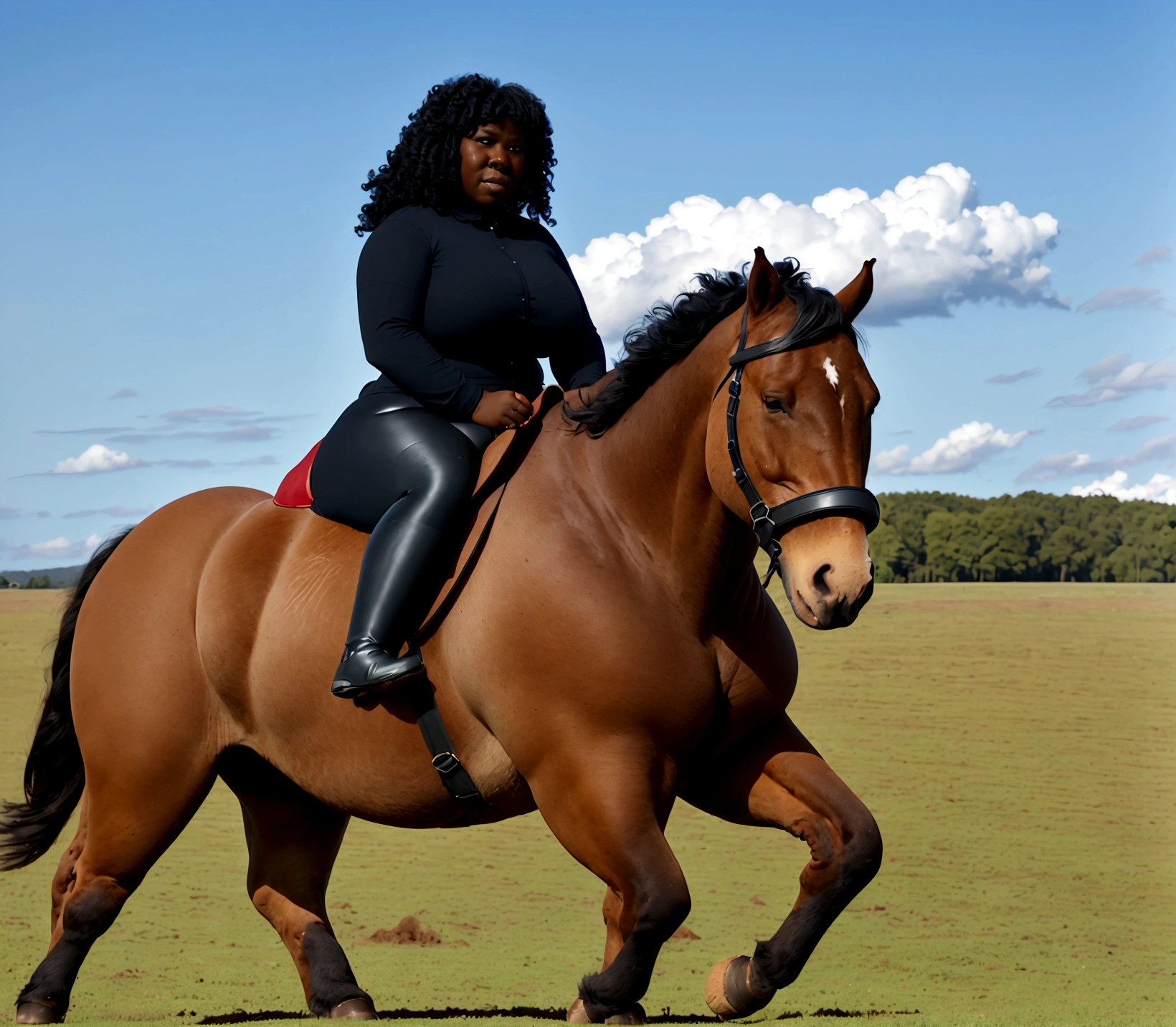 big fat Belgian draft horse  mare. massive bum. very short tail. horse facing horizon . very full figured, very dark skinned, BBW, nude African woman riding horse. flat grass meadow. a  single huge  pile of steaming horse dung behind horse.   cloudless blue sky. 