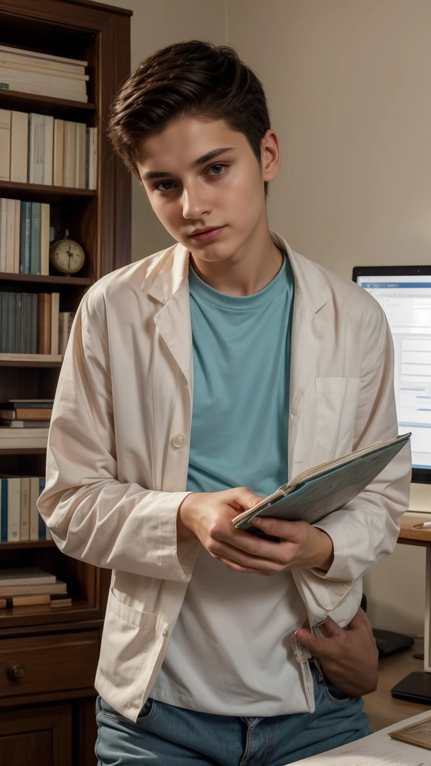 A young male twink, cute and beautiful, with a beautiful face with makeup and blush, and black hair, and his eyes have dark circles under them. He is wearing a long-sleeved aquamarine shirt and white jeans. He is in his scientific office, studying on the blackboard with brain anatomy written on it, and on his desk are medical and scientific books. Brain anatomy manuscripts