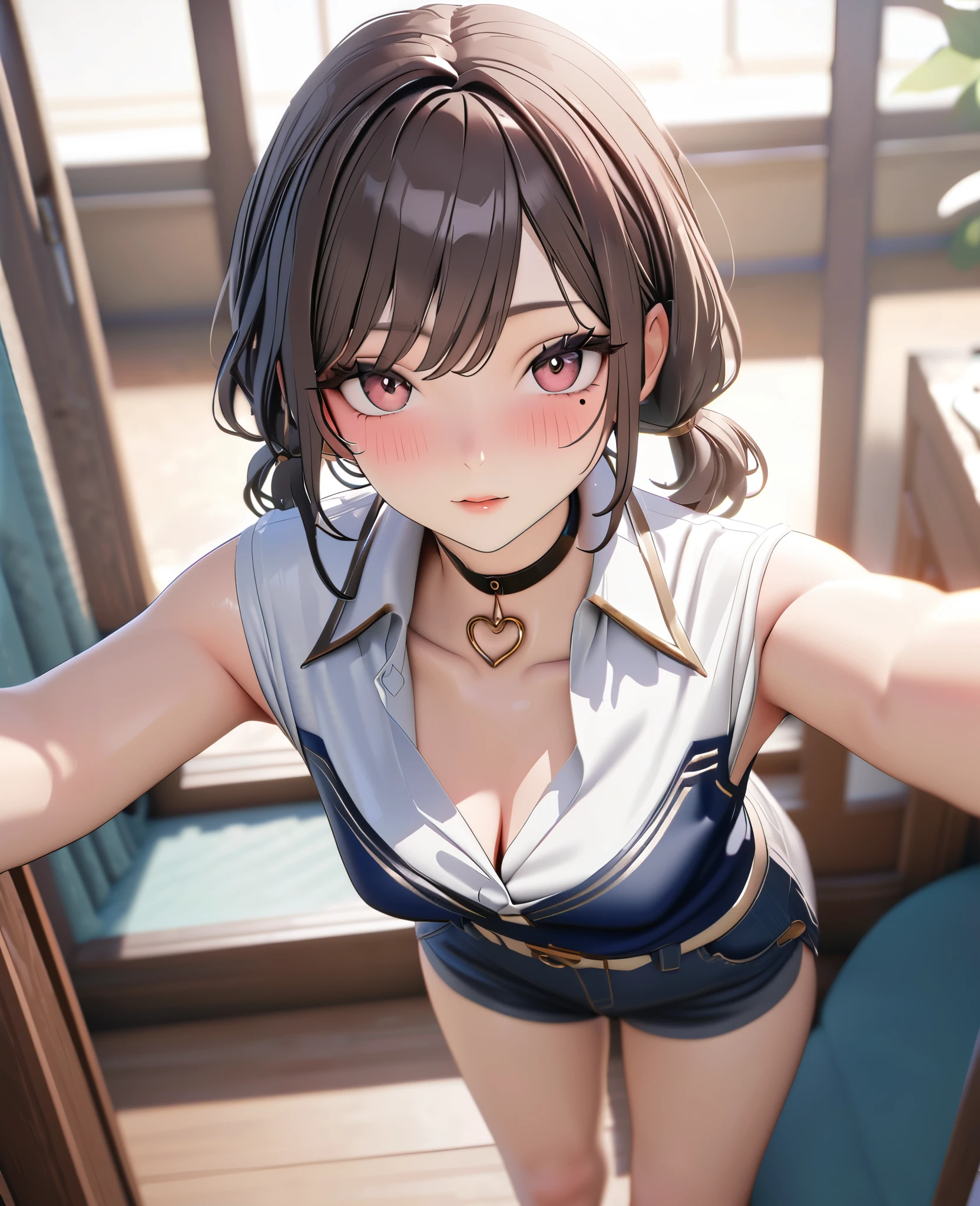 masterpiece, best quality, highly detailed, high resolution, expensive resolution, high resolution, 4K, 8k, uniform 8k wallpaper, highly detailed CG, masterpiece, 2D, 3D, beautiful details, depth, fine texture, best quality: 1.3, perfectly focused, crispy. skin, him, cute anime 20s girl, her name is Mei, idol, expensive brown short twin tails, mole under eye, looking at the viewer, cowboy shorts, expensive, blush, mole, plump lips, heart, pink eyes, heart shaped choker