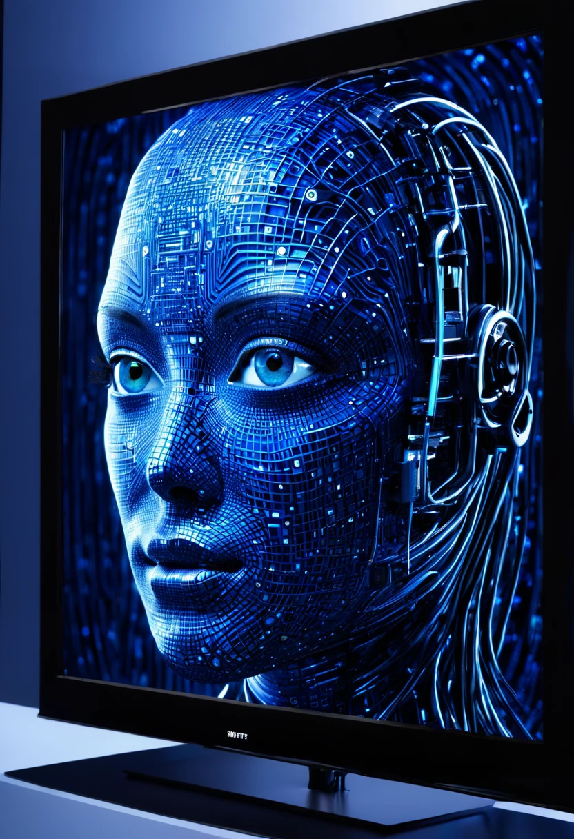 a cybernetic face comming out from a flat screen like 3d going out from tv