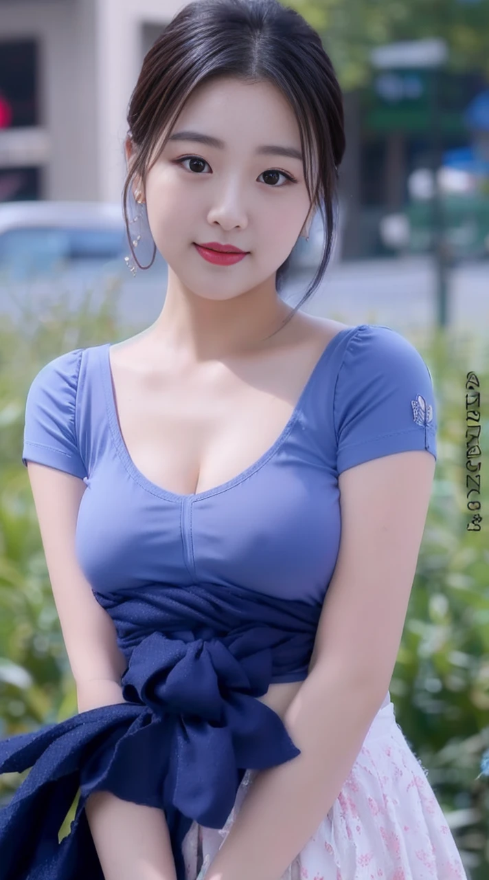 ((best quality)), ((masterpiece)), (detailed), perfect face, araffe woman in a long dark-blue shirt and blue denim skirt walking down a street, thicc,  wavy  short hair , she has a jiggly fat round belly, bbwchan, wearing tight simple clothes, skinny waist and thick hips, widest hips, her belly is fat and round, soft curvy shape, hyperrealistic full figure, wearing a cute top, wide hips, wearing 10 bracelet , wearing huge diamond necklace 