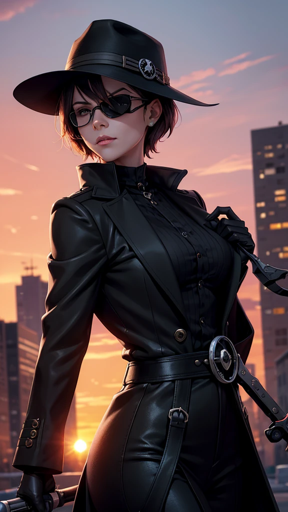 A city with a beautiful sunset with a woman with short hair and dark glasses and a black coat and black hat and a skull mask and an eye patch and an improved Snipper and aiming